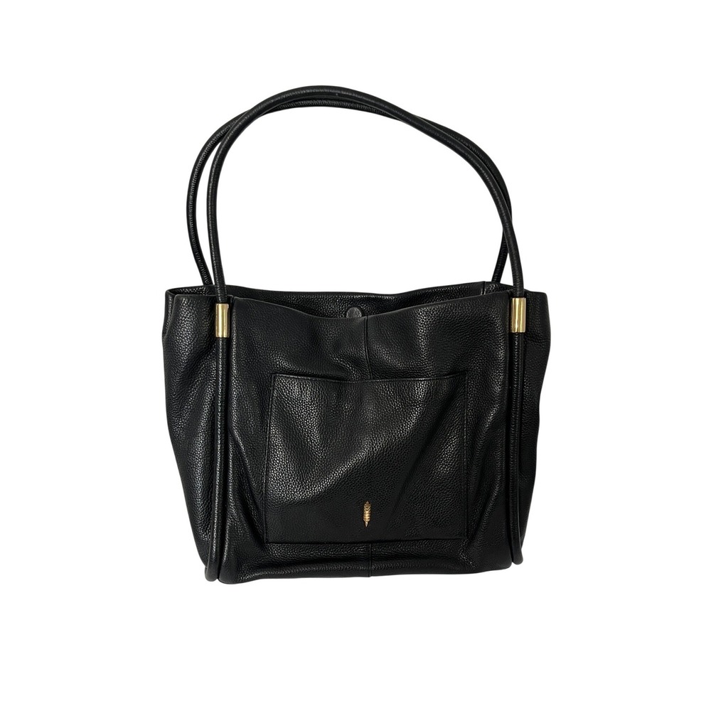 Thacker Tery Tote Womens Large Black Pebbled Leather Shoulder Bag Rare Gold Logo